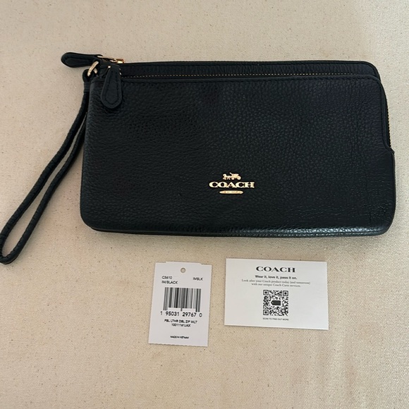 Coach Double Zip Wristlet Black Pebbled Leather - Picture 2 of 7